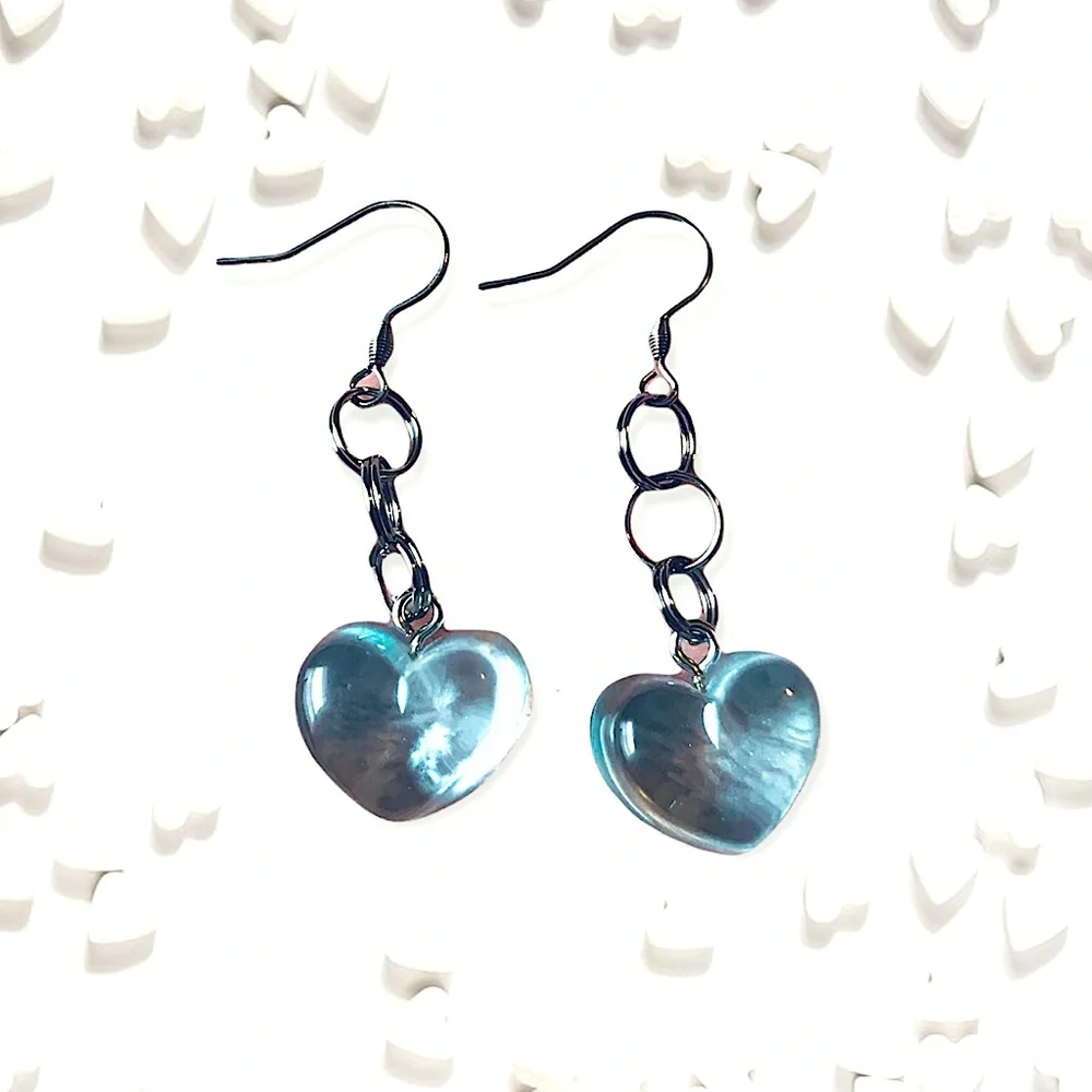 Blue Hard Resin Handmade Heart Stainless Steel Earrings